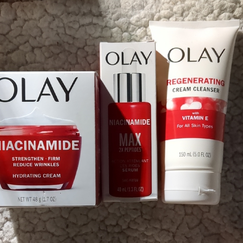 (3) OLAY NIACINAMIDE HYDRATING CREAM MAX 2X PEPTIDE SERUM & CREAM CLEANSER